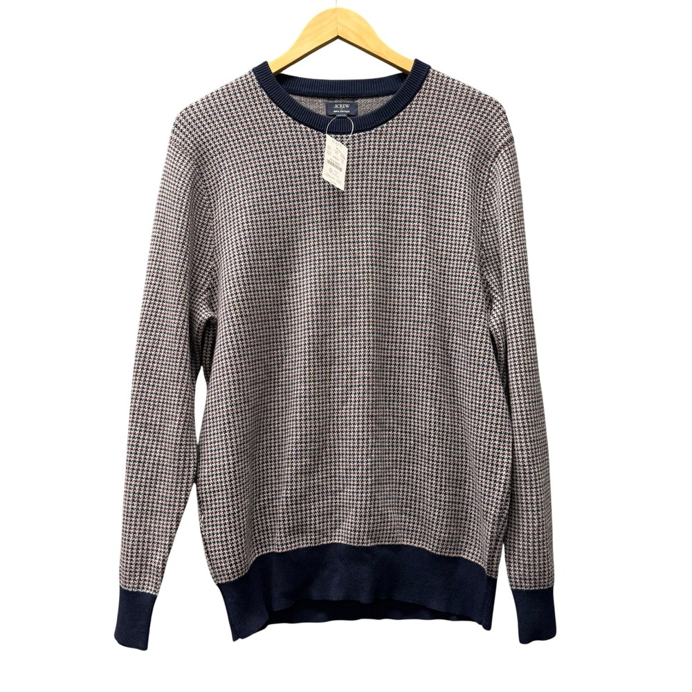 J.Crew Sweater Mens Medium Navy Blue Brown Cotton Houndstooth Pullover Knit NEW